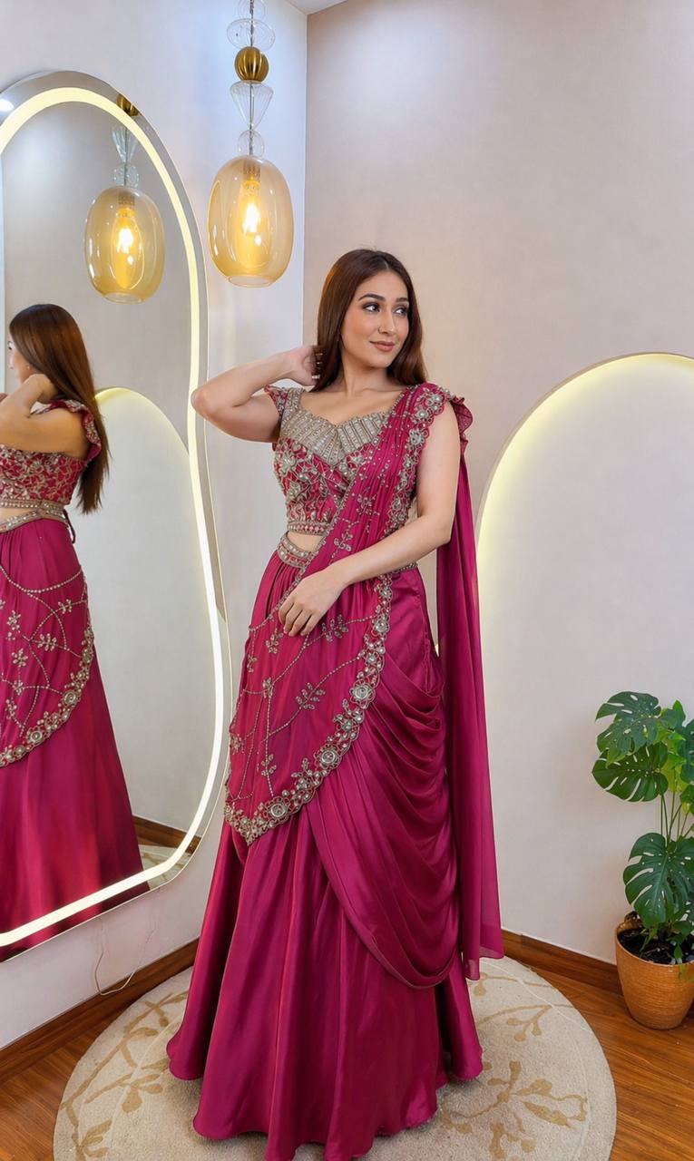 Lehenga Style Saree in Premium Crepe Silk with Sequins Embroidery