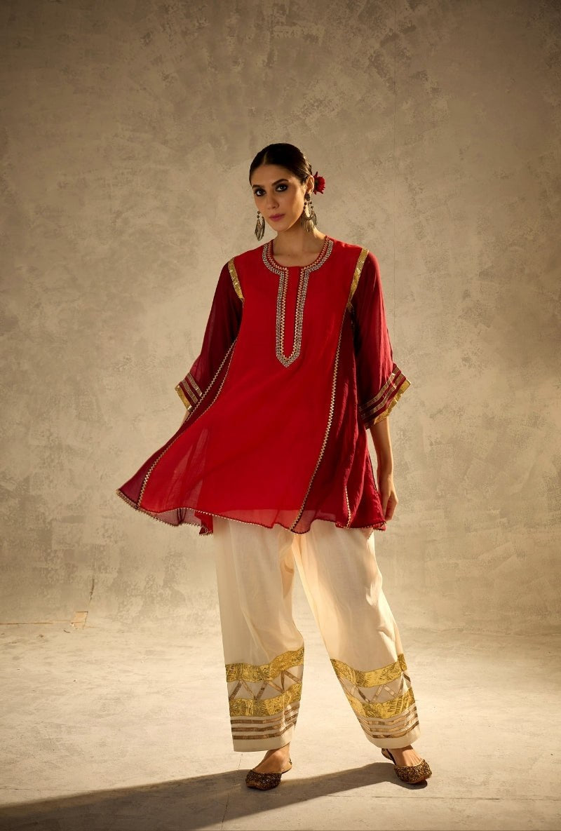 Mal Chanderi Kurti Pant Set with Gotta Patti Lace