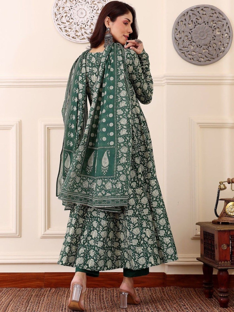 Dark Green Rayon Printed Kurti Set with Pant & Dupatta