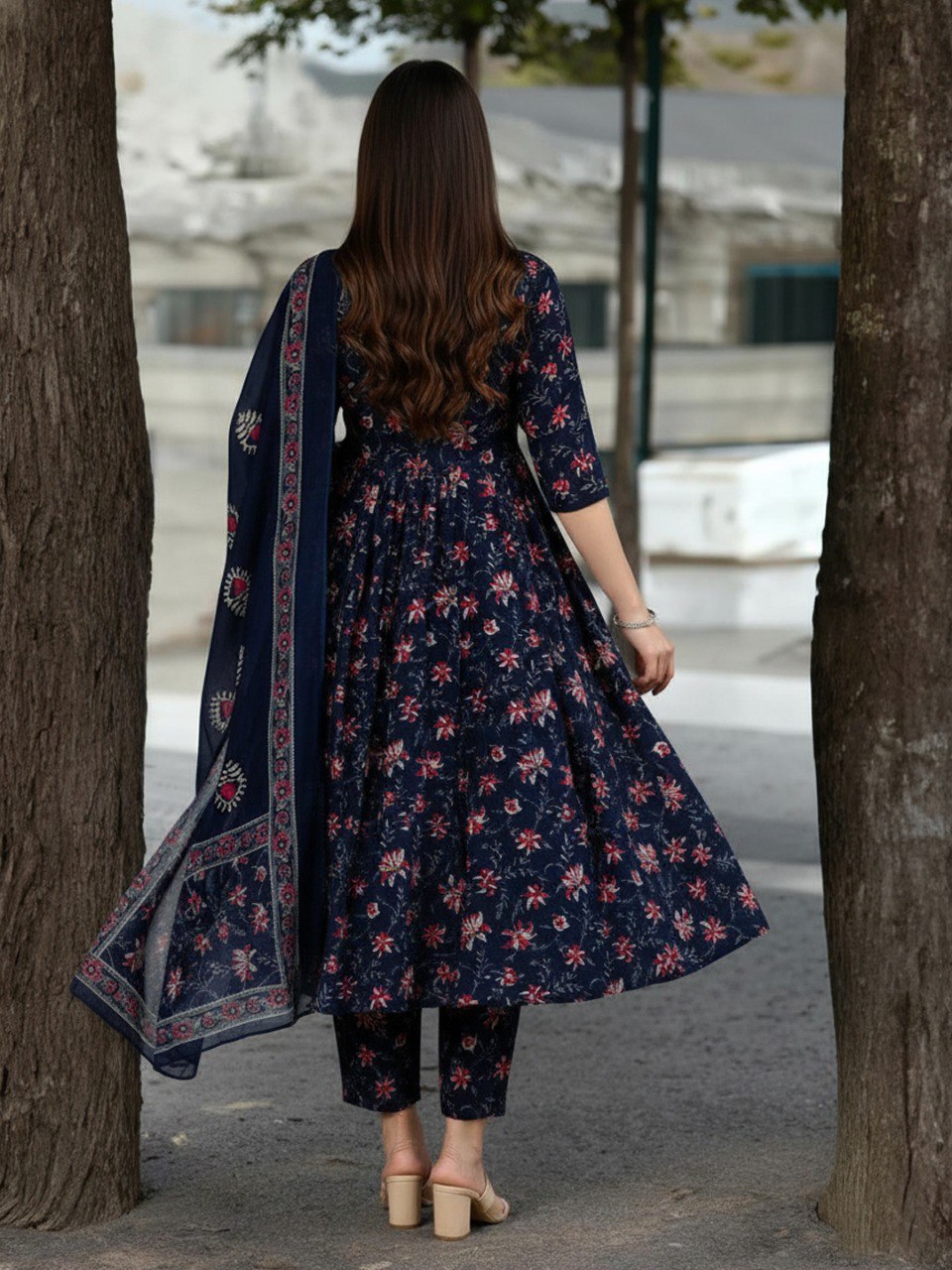 Navy Blue Rayon Printed Kurti Set with Dupatta
