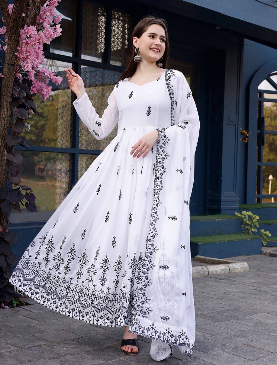 Designer White Anarkali Gown with Dupatta