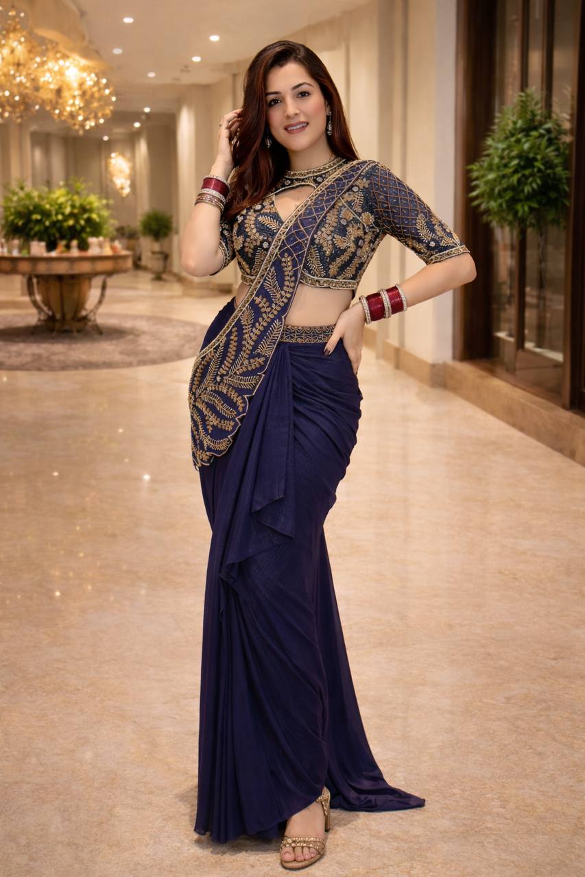 Dhoti Style Indo-Western Saree Set with Embroidery Work