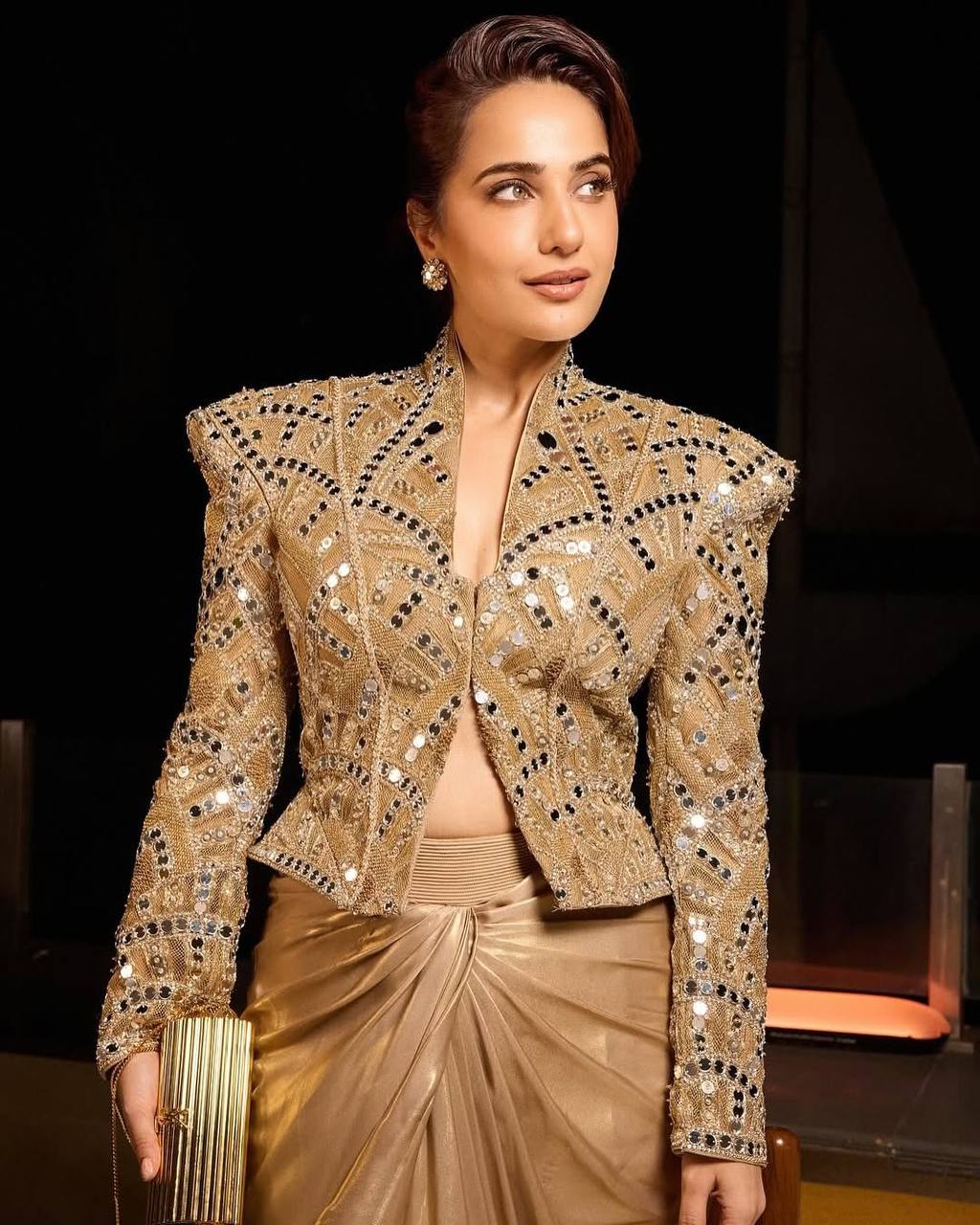 Bollywood Style 3-Piece Indo-Western Set with Real Mirror Work Koti & Dhoti (Golden Foil Silk)