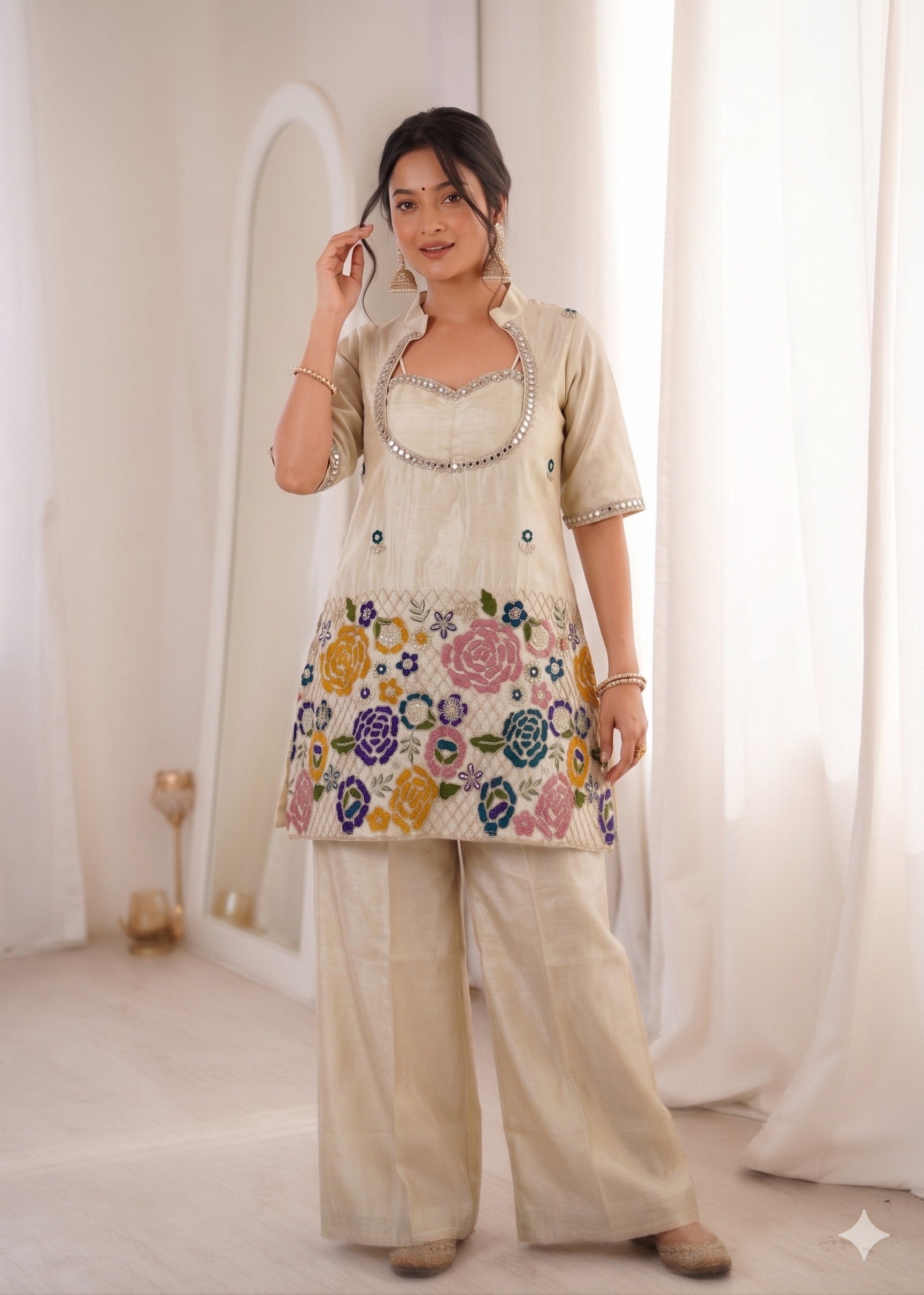 Premium Ivory Tissue Shimmer Co-Ord Set with Sequins & Real Mirror Work Bustier