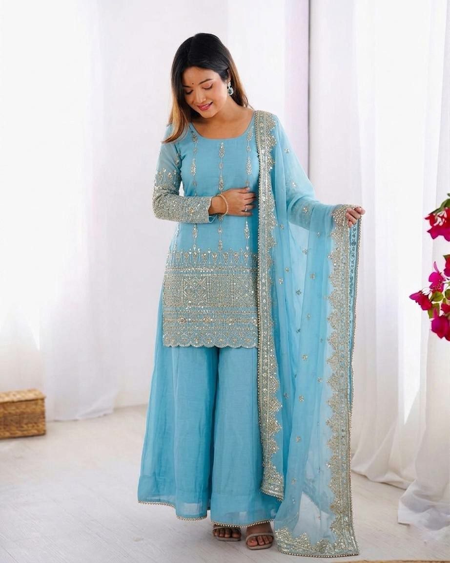 Elegant Vichitra Silk Embroidery Sharara Set with Dupatta