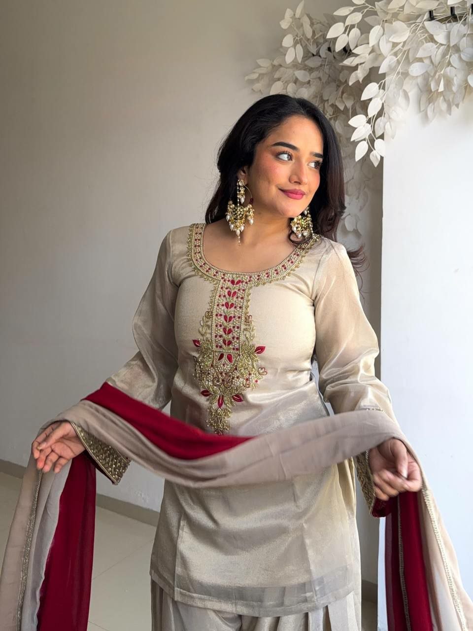 Elegant Organza Embroidered Kurti Set with Farshi Pant & Printed Dupatta