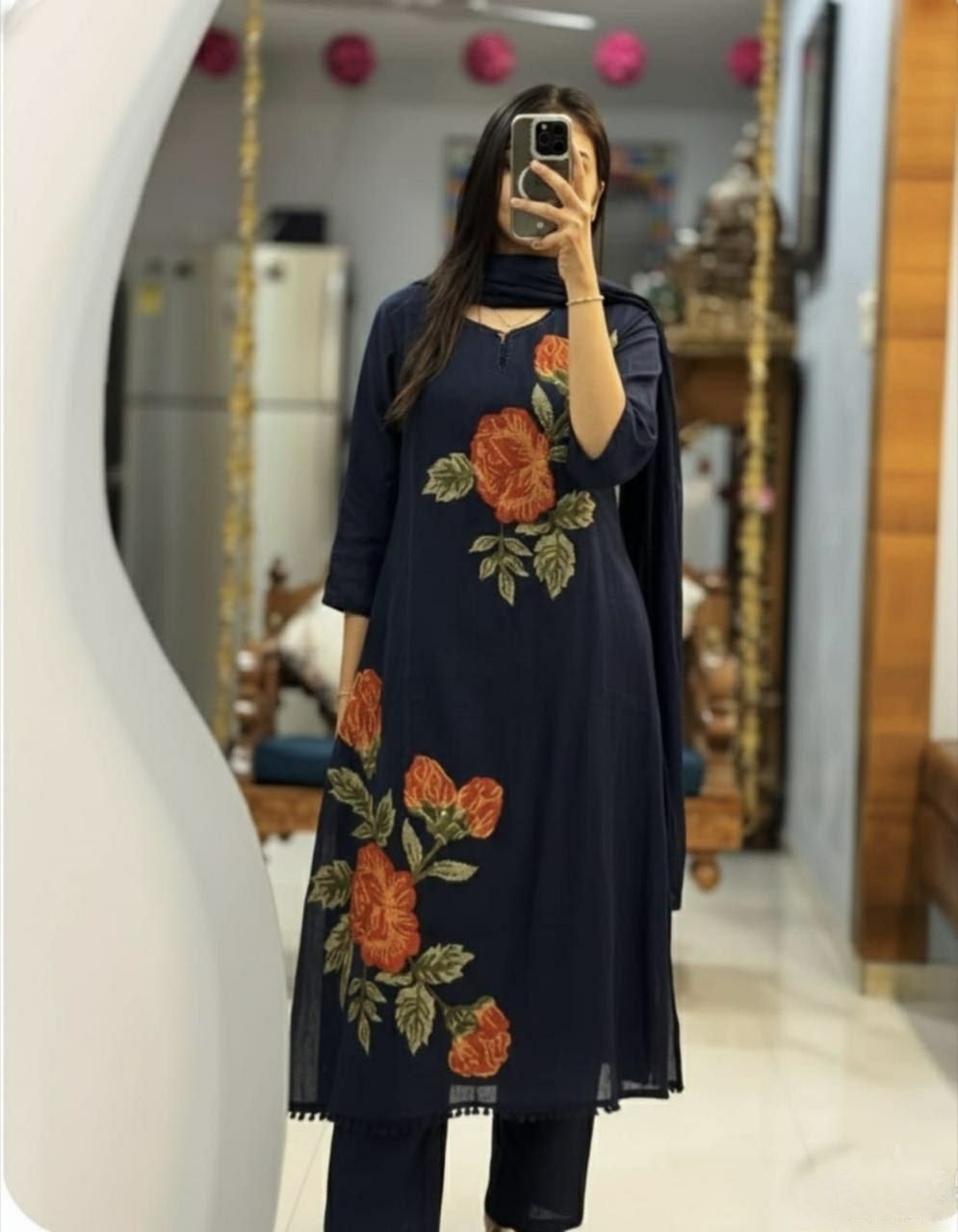 Elegant Rose Embroidery Cotton Kurti Set with Pant & Dupatta