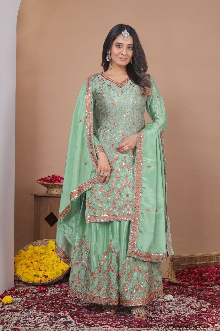 Elegant Chinon Embroidered Sharara Set with Dupatta