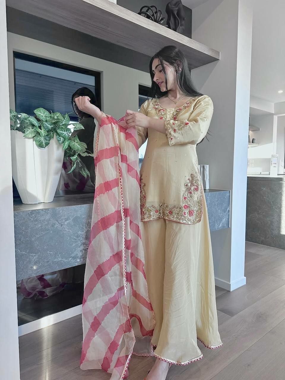 Elegant Crepe Silk Embroidered Kurti Set with Palazzo & Organza Dupatta