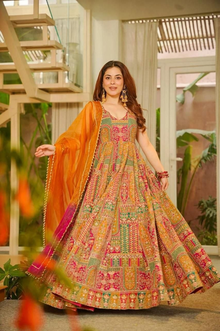 Elegant Digital Print Organza Anarkali Gown with Dupatta