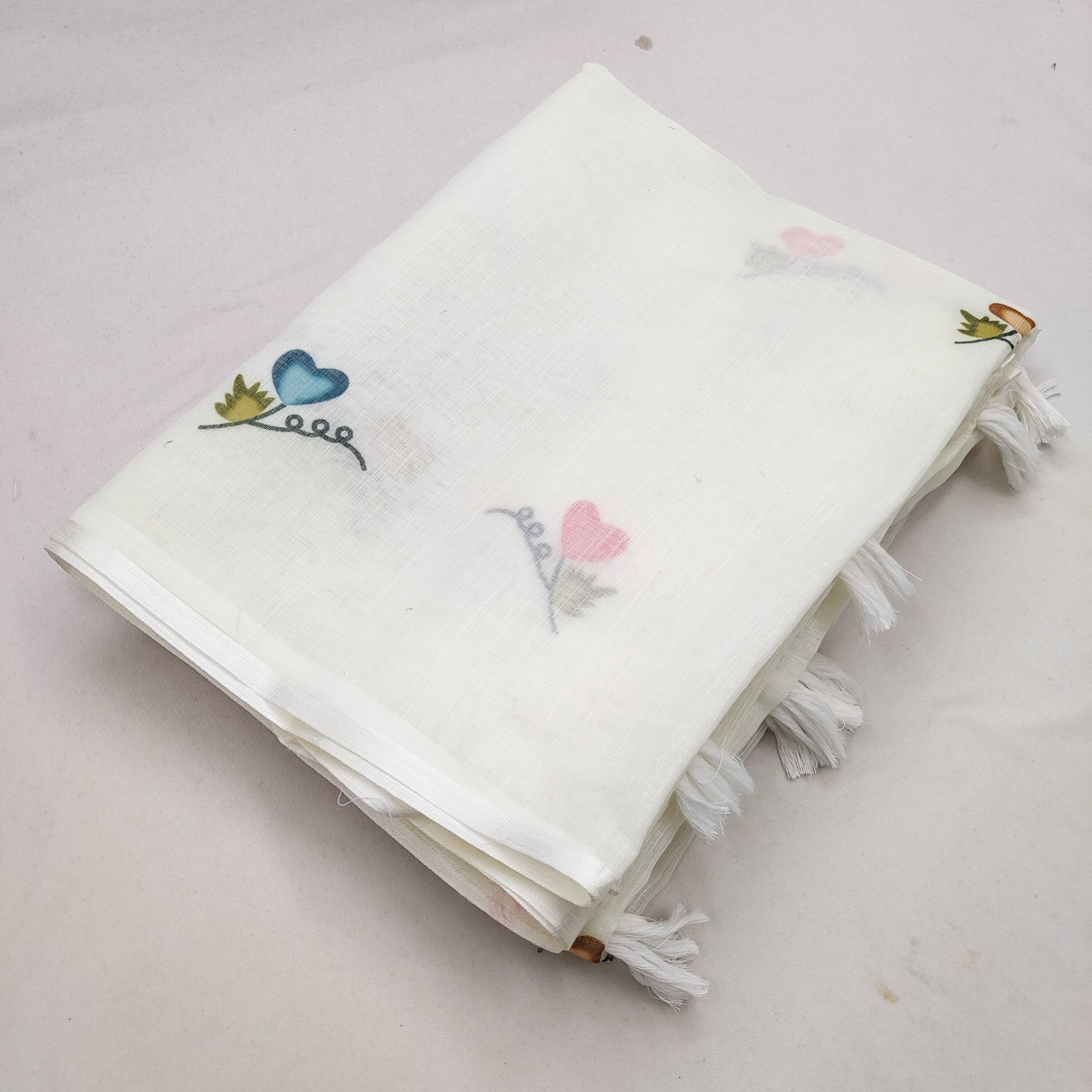 Soft Linen Cotton Saree with Heart & Floral Prints