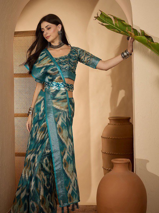 Soft Pink Floral Linen Cotton Saree