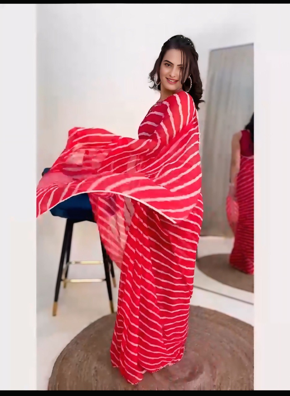 Red Printed Georgette Ready-to-Wear Saree