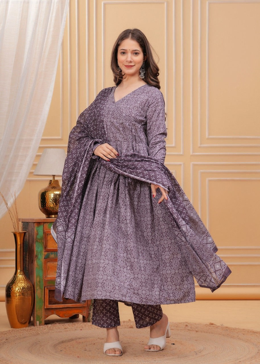 “Mulberry Smoke” Rayon Printed Kurti Pant Dupatta Set