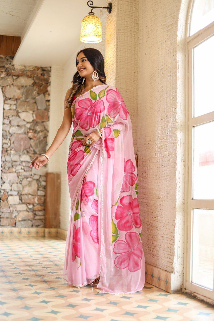 Blush Charm Pink Georgette Ready-to-Wear Saree
