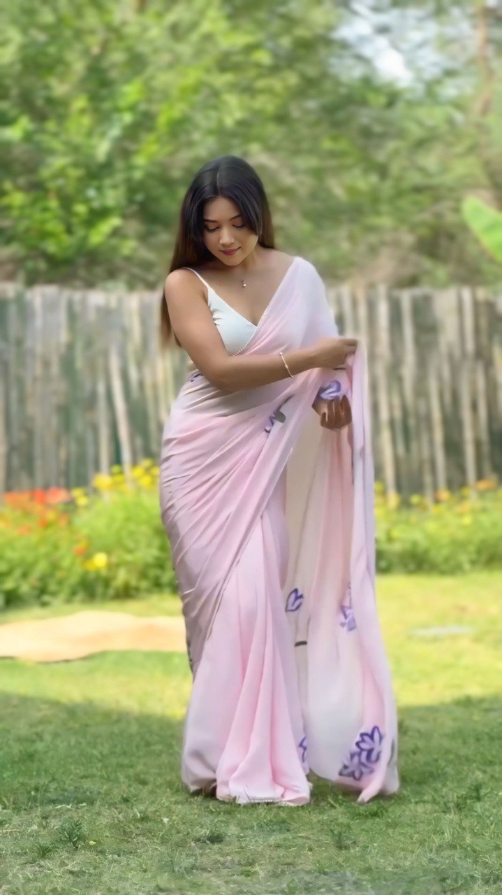 Pink Printed Georgette Ready-to-Wear Saree Set
