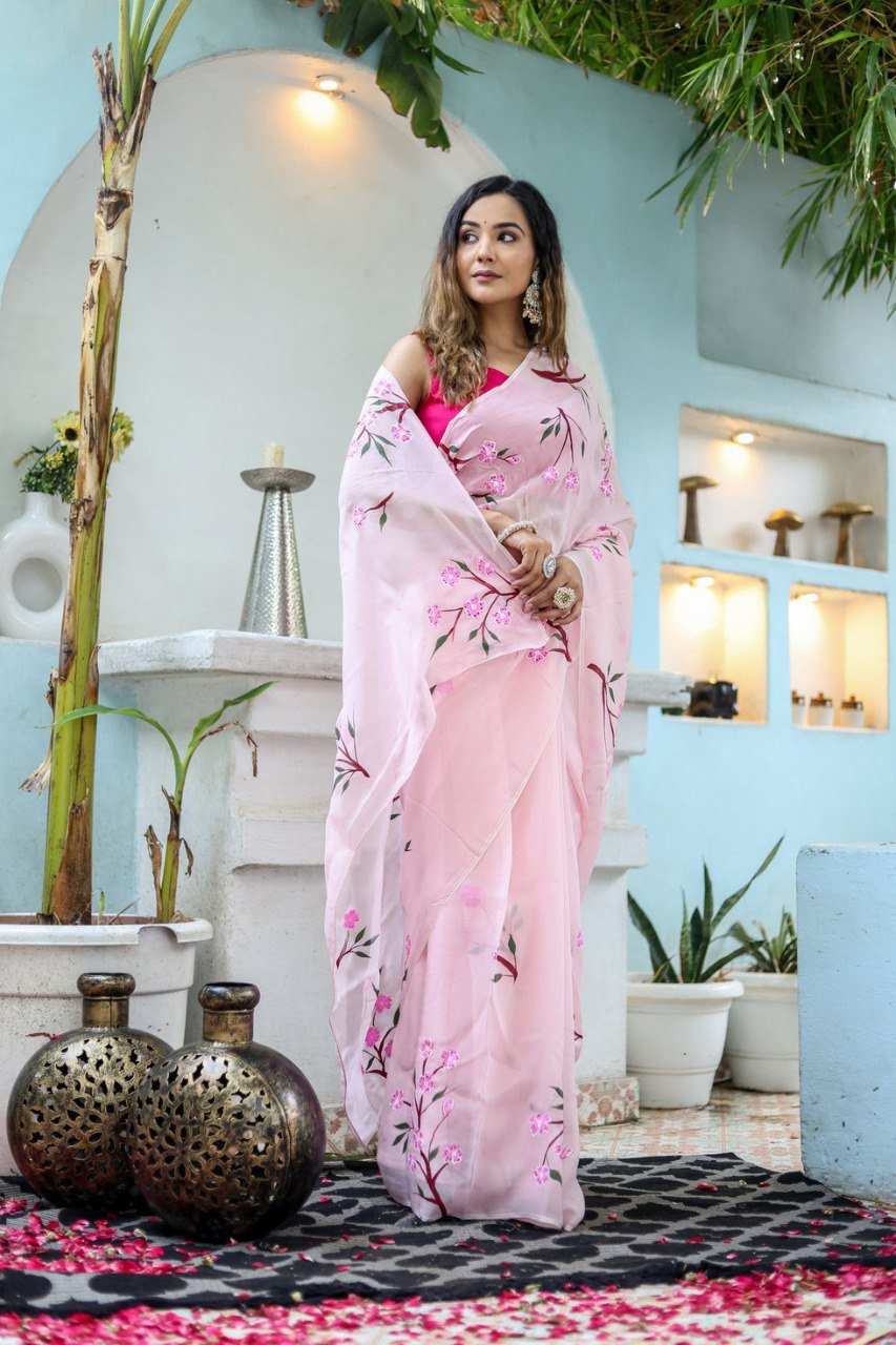 Pink Georgette Printed Ready-to-Wear Saree with Red Unstitched Blouse