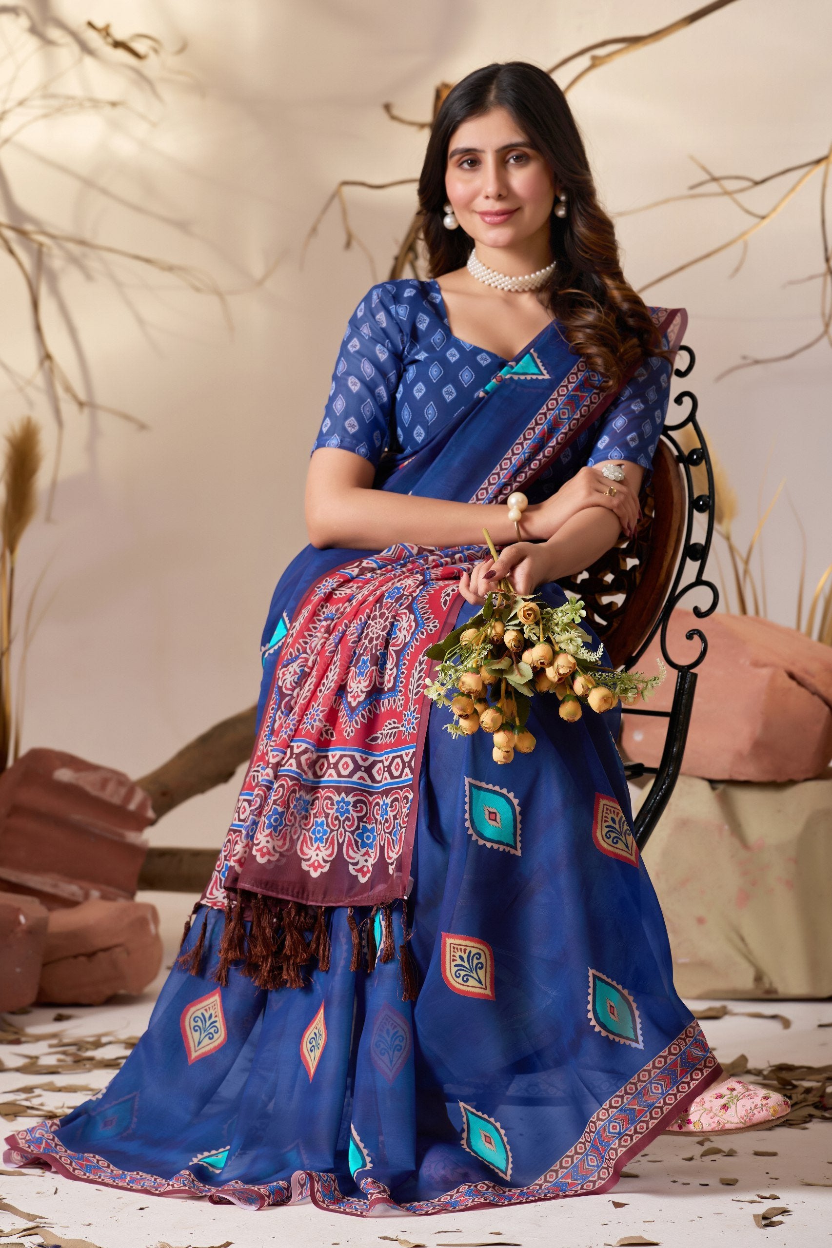 Royal Blue Geometric Elegance Soft Georgette Saree
