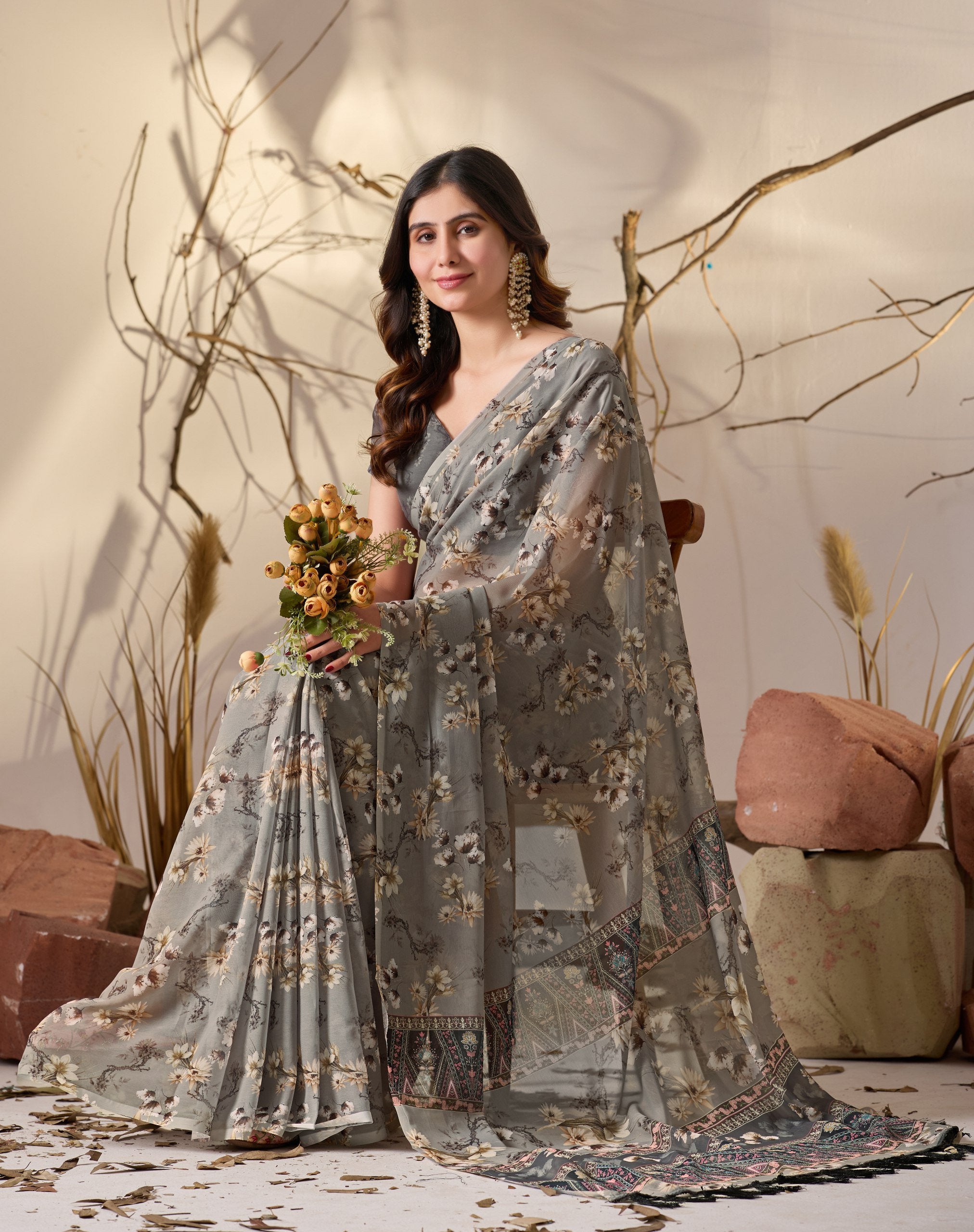 Misty Grey Tribal Bloom Soft Georgette Saree