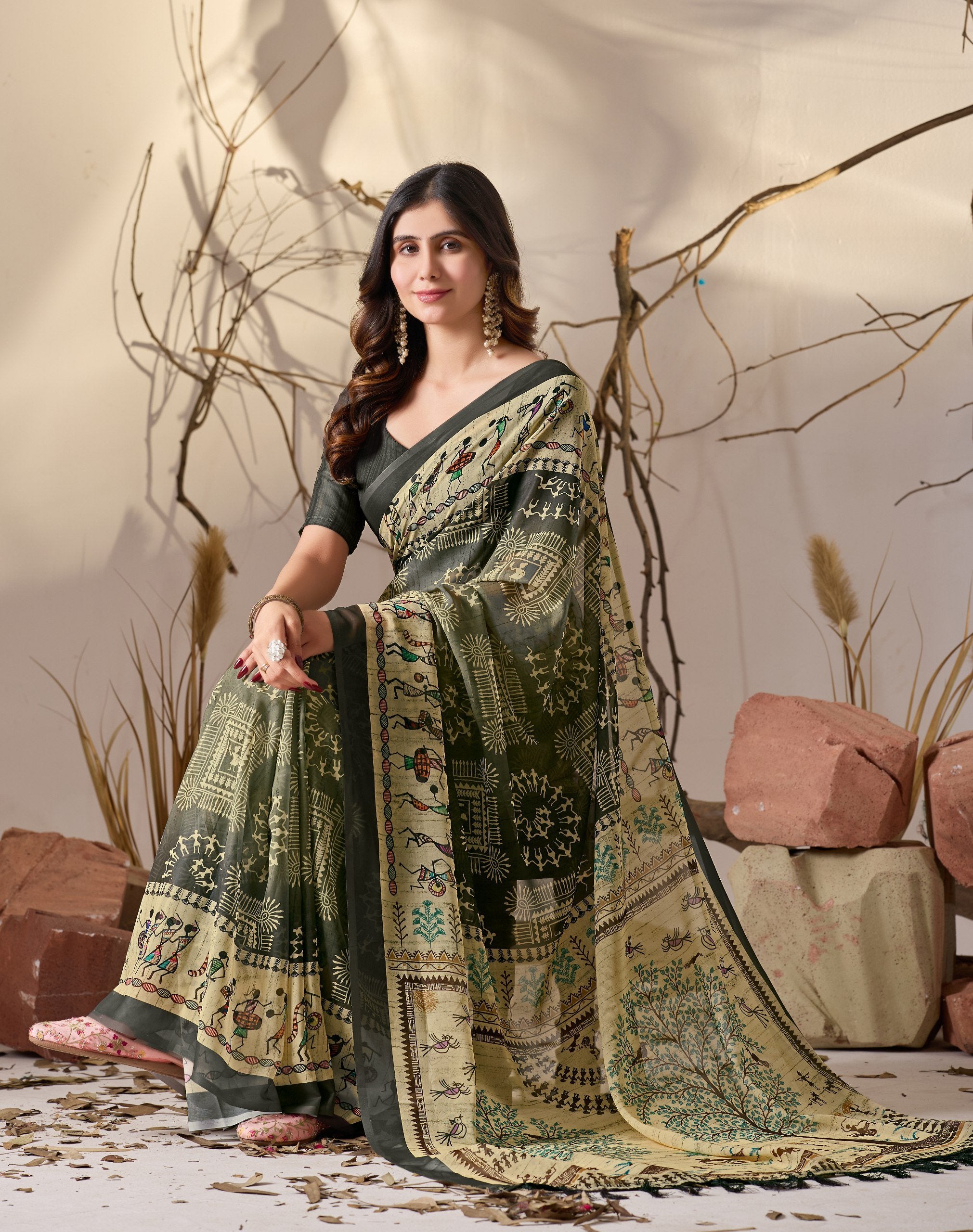 Olive Warli Heritage Soft Georgette Saree