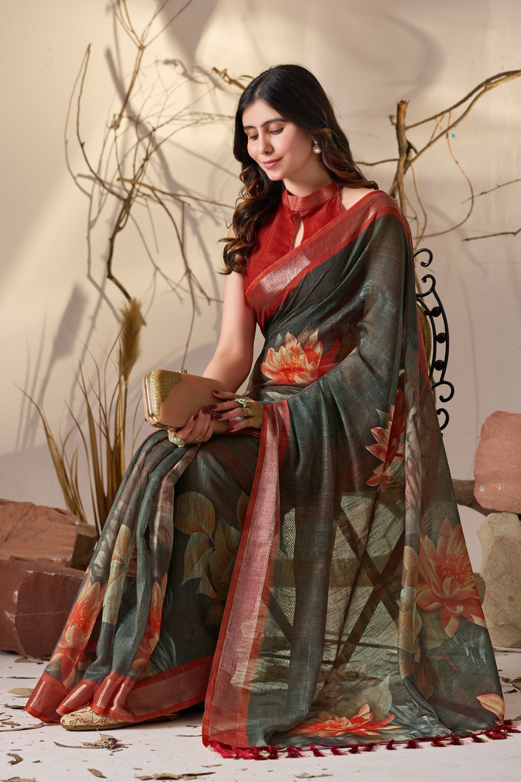 Rustic Elegance Dark Floral Linen Cotton Saree