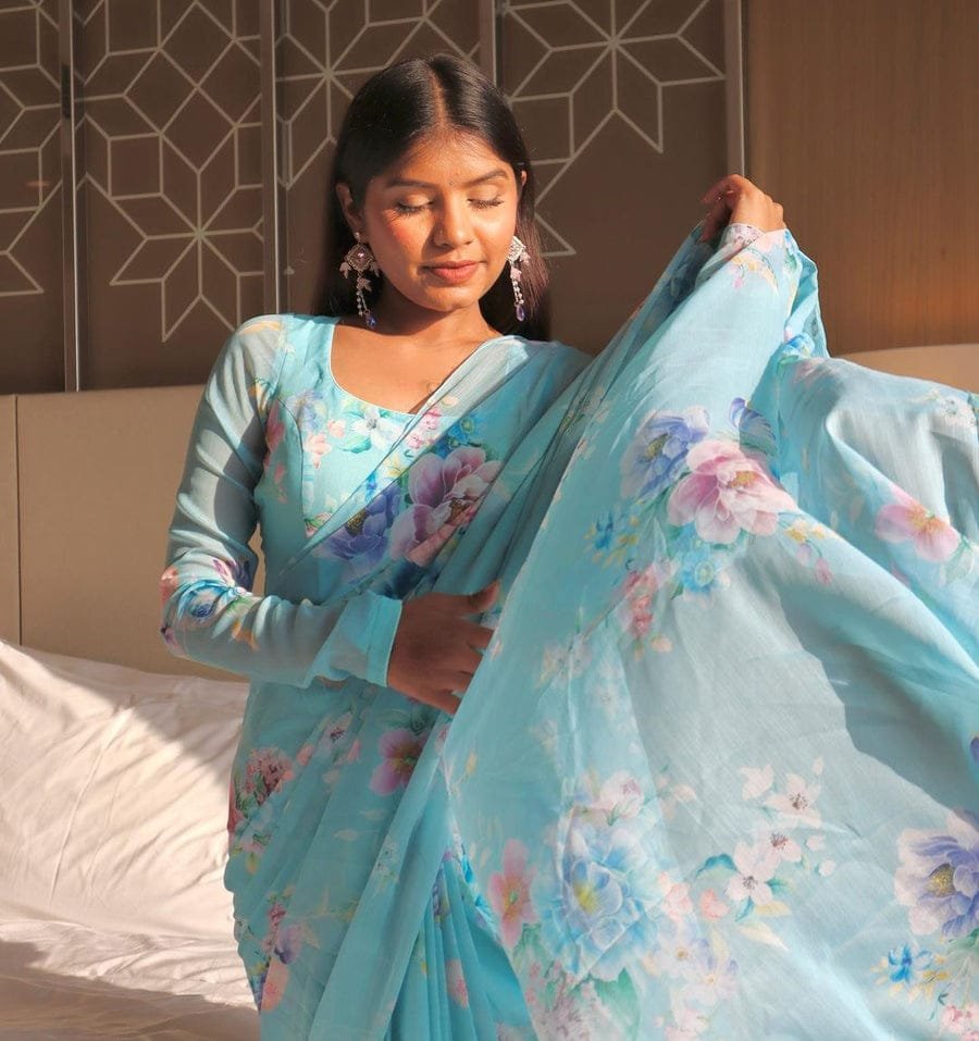 Sky Blue Serenity Georgette Printed Saree