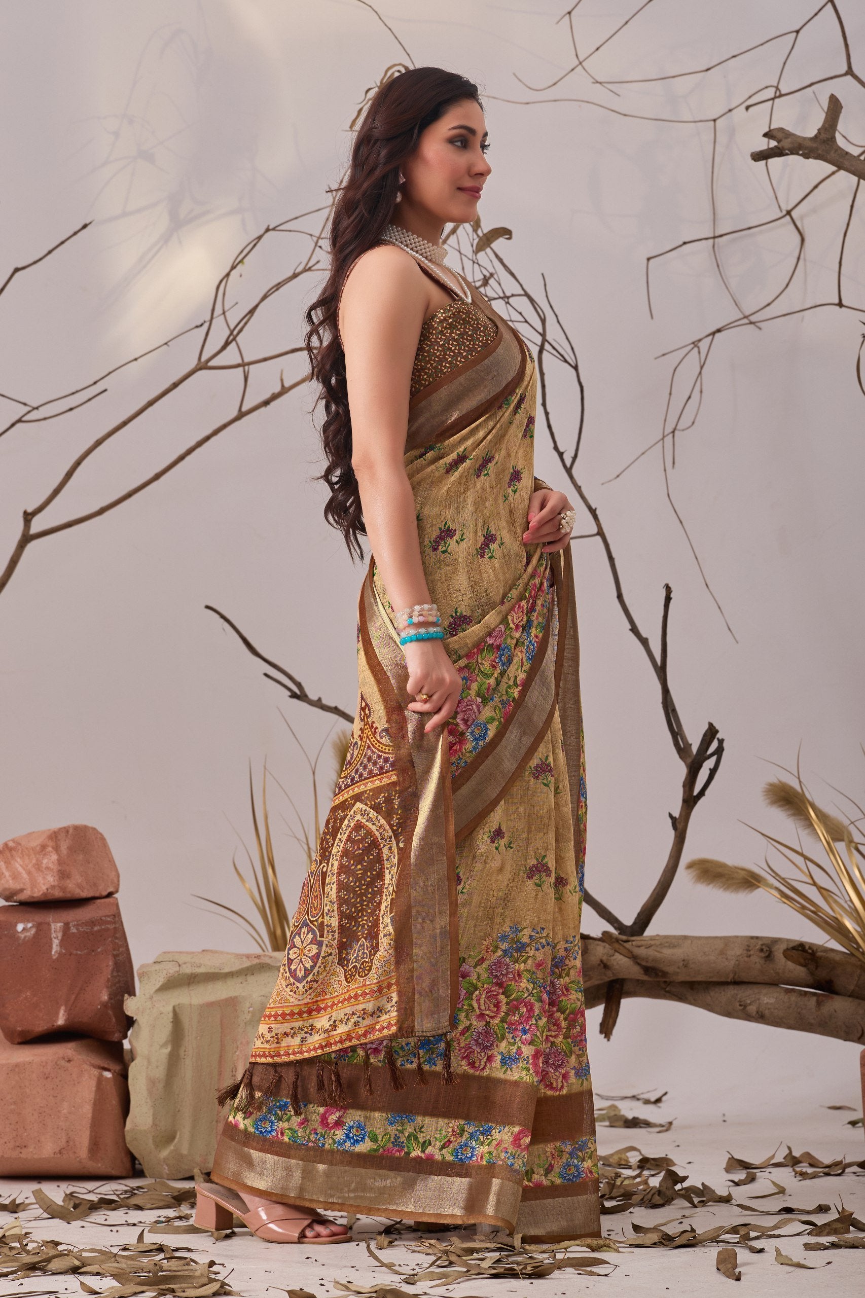 Soft Blue Elegance Linen Cotton Saree