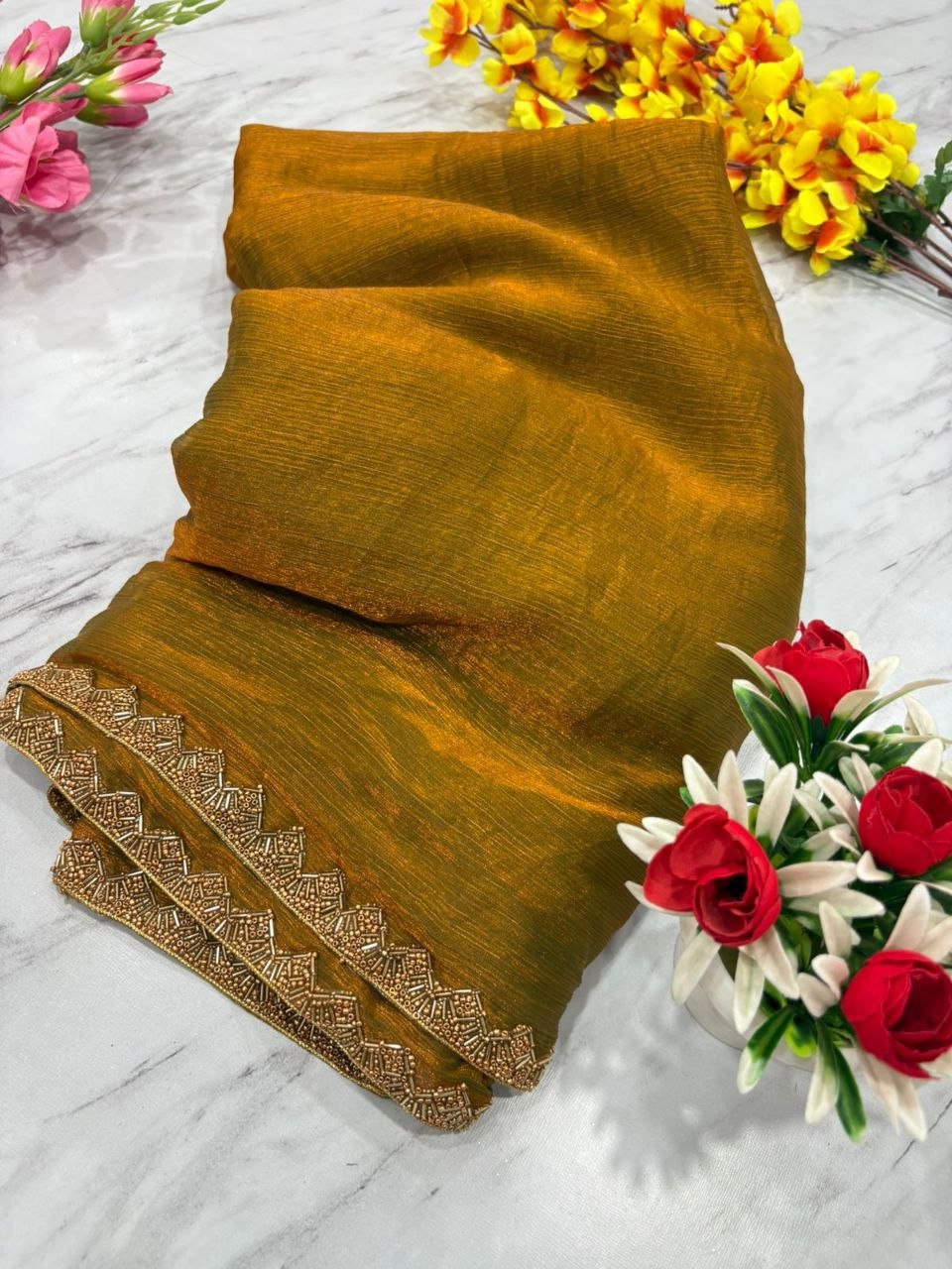 Premium Fandy Crush Saree with Elegant Katdana Lace Border & Matching Blouse