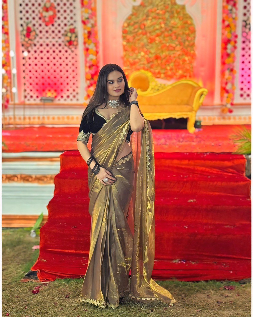 Graceful Green Fancy Silk Saree with Contrasting Black Blouse