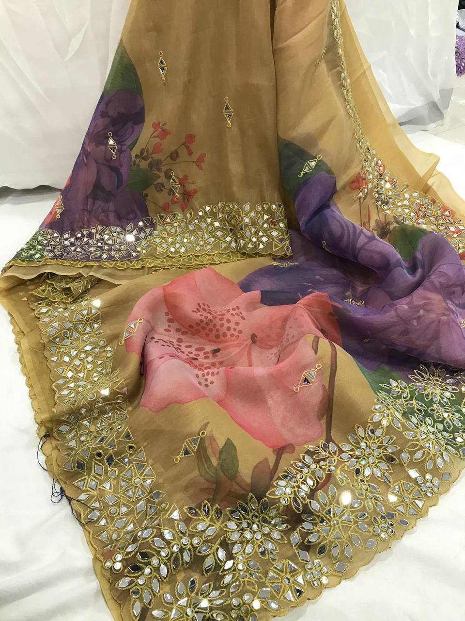 Premium Buttery Soft Organza Saree with Digital Print & Real Mirror Work