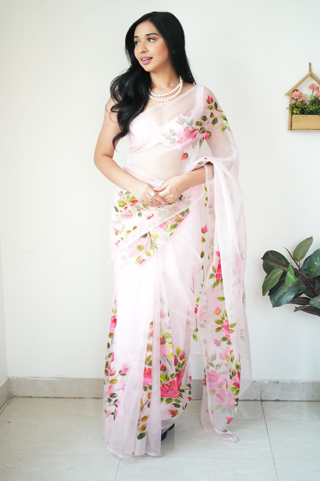 Elegant White Organza Printed Ready-to-Wear Saree