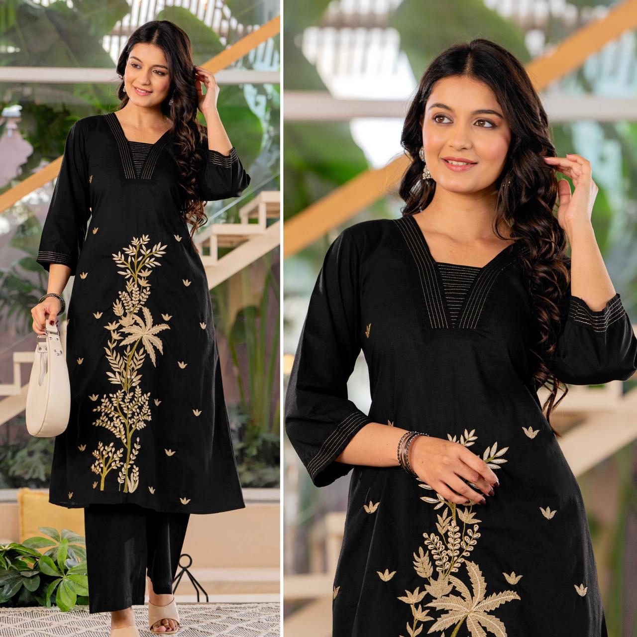 Exclusive A-Line Kurta Palazzo Set with Floral Embroidery