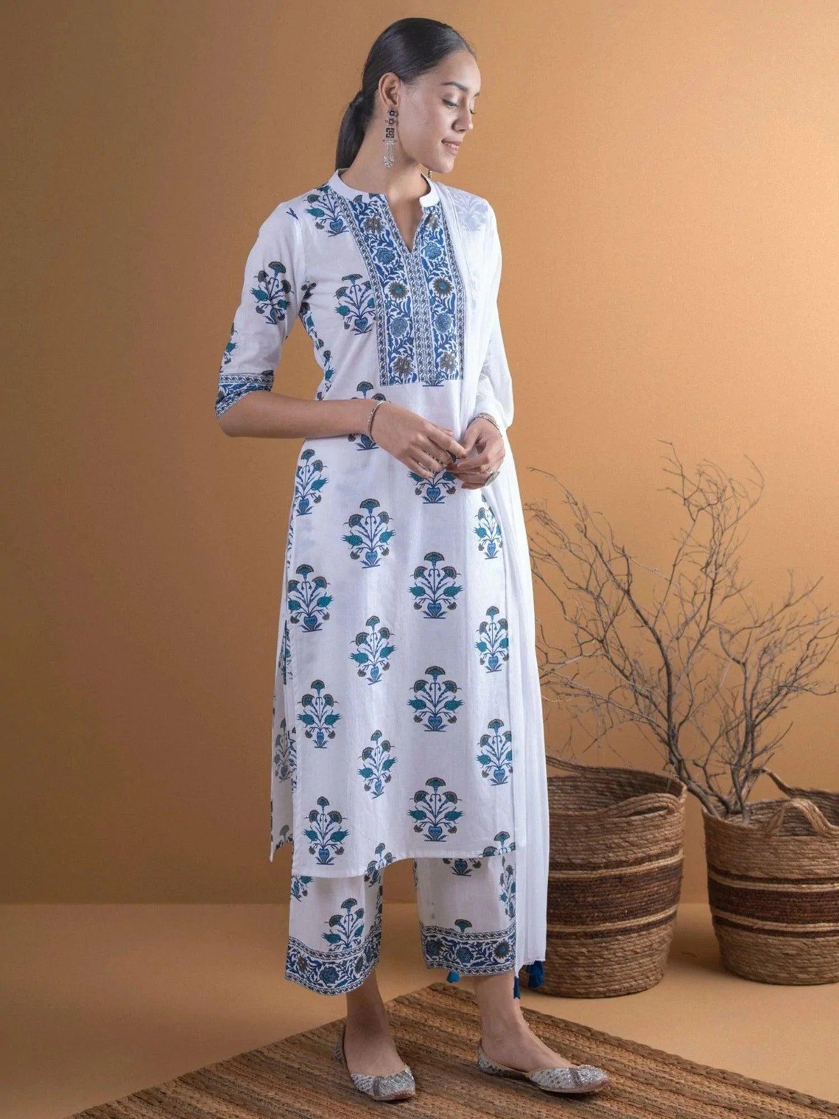 White Printed Kurti Set with Dupatta