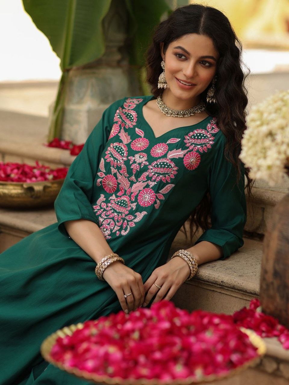 Rayon Slub Embroidered Kurti Pant Set with Heavy Chanderi Dupatta