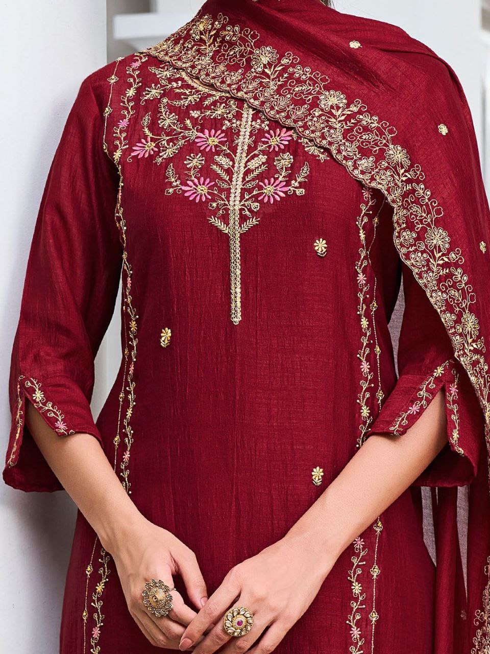 Vichitra Silk Embroidered Kurti Pant Set with Vichitra Silk Dupatta