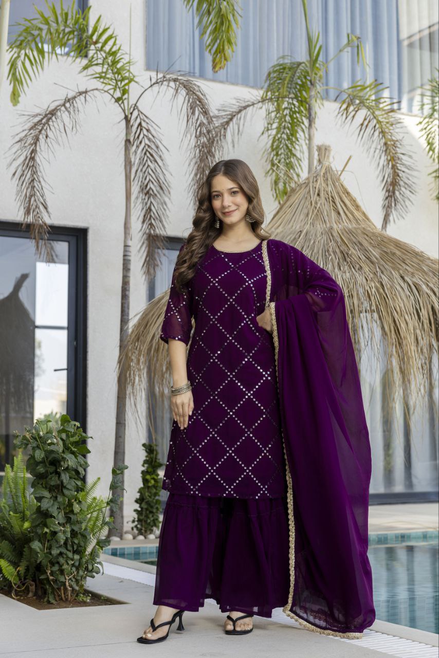 Heavy Fox Georgette Embroidered Kurti Pant Set with Georgette Dupatta