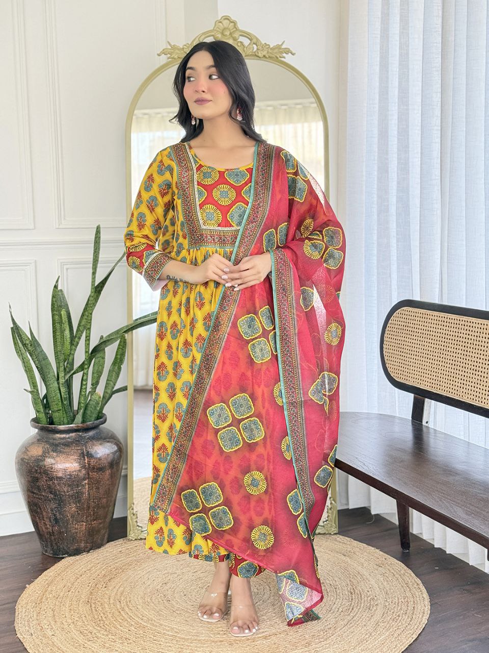 Heavy Rayon Embroidered Kurti Pant Set with Linen Slub Printed Dupatta