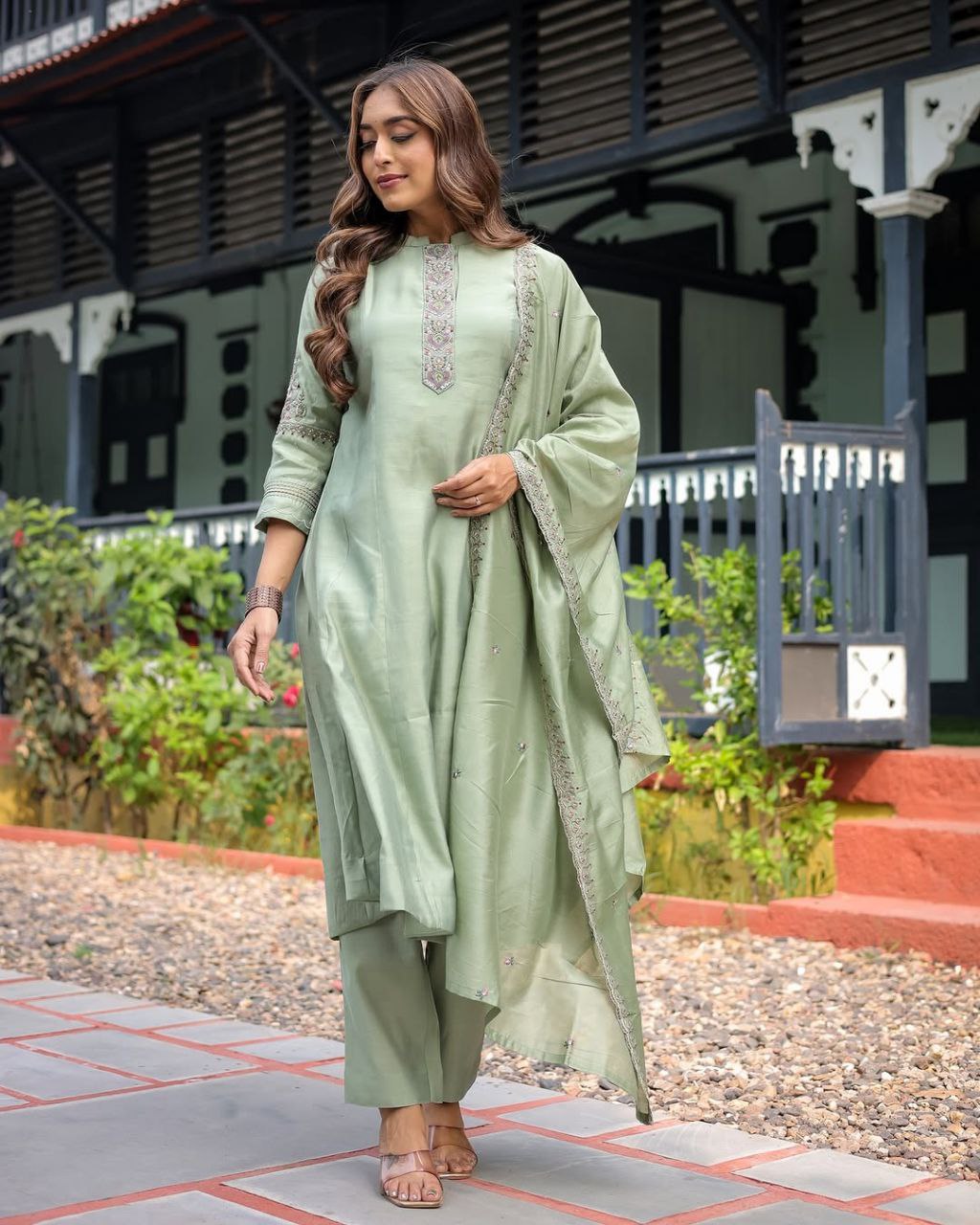 Heavy Muslin Silk Embroidered Kurti Pant Set with Chanderi Dupatta