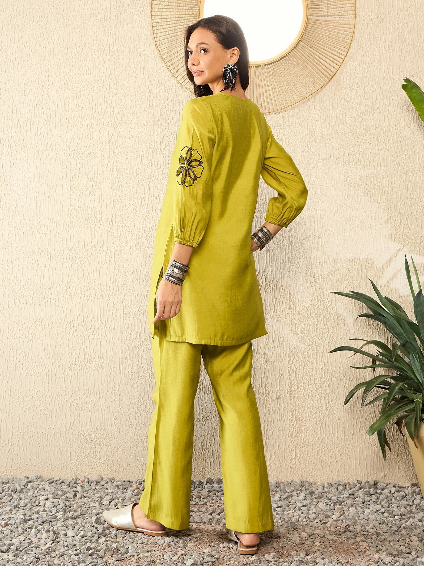 Women’s Mustard Embroidered Crepe Kurta Pant Co-Ord Set