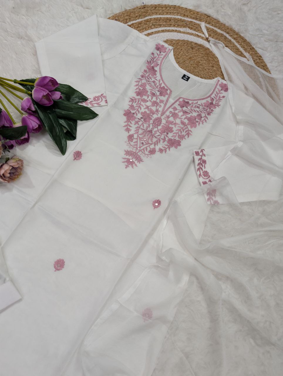 Pure Cotton Embroidered Kurti Pant Set with Nazmin Dupatta