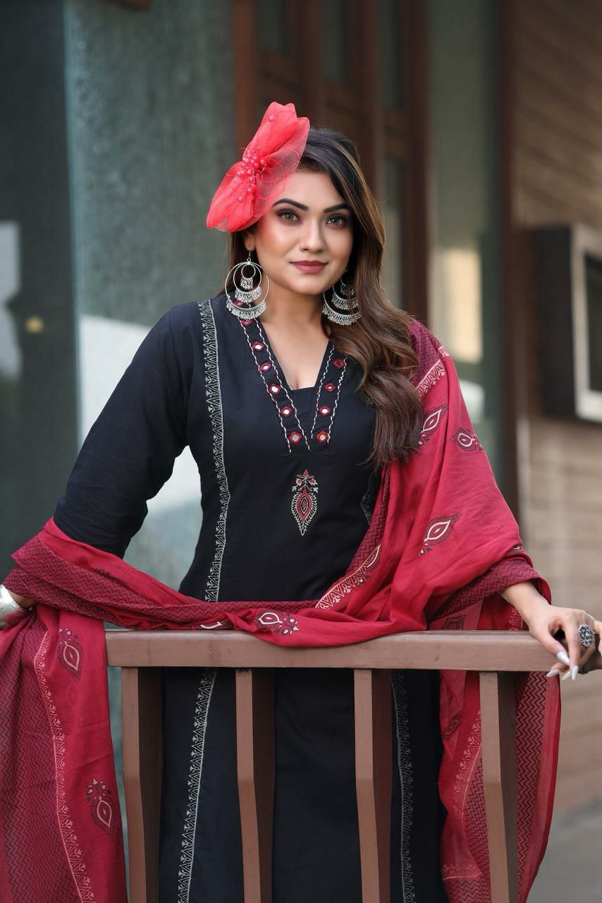 Pure Cotton Black Kurti Set with Mul Cotton Block Print Dupatta