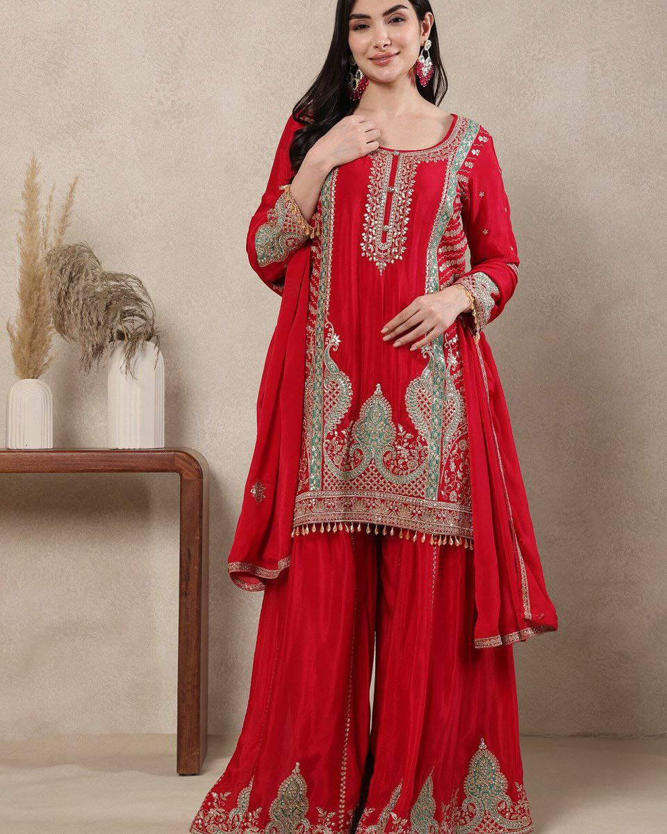 Heavy Chinon Silk Sequence Embroidered Kurti Sharara Set with Dupatta