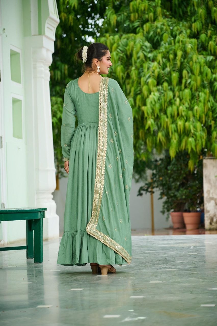 Designer Vichitra Silk Gown with Embroidered Dupatta