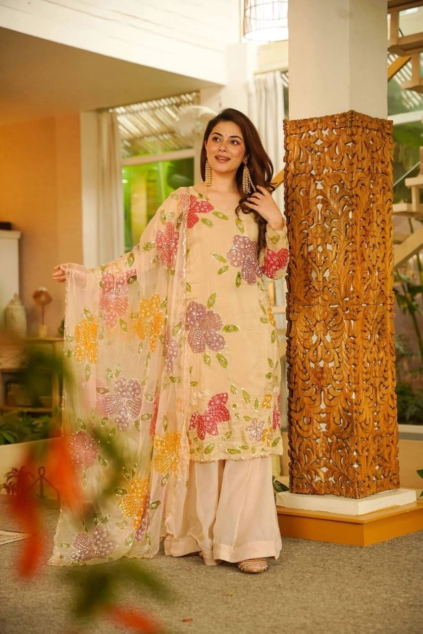 Designer Tabby Organza Kurta Set with Embroidery & Hand Print