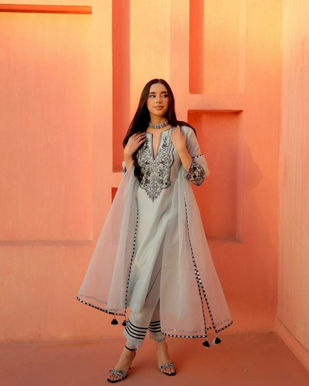 Elegant Georgette Foil Work Kurti Set with Dupatt