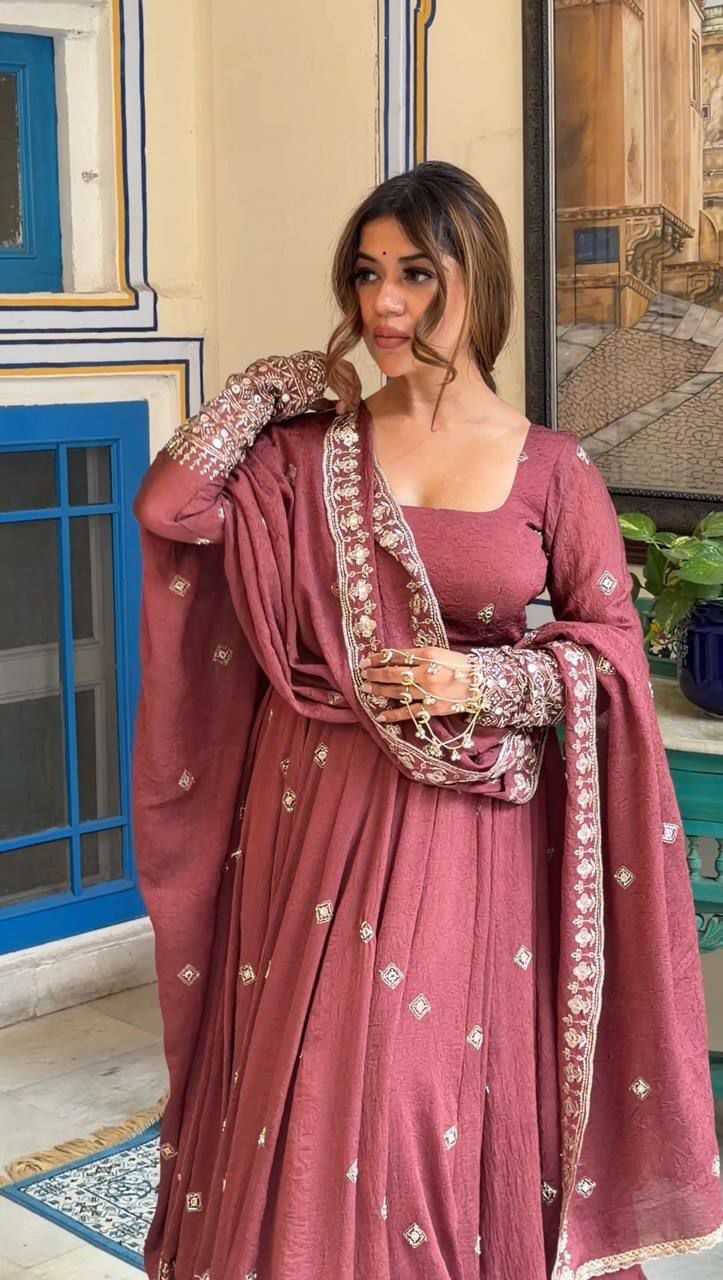 Designer Mul Chanderi Silk Gown Set with Pant & Dupatta