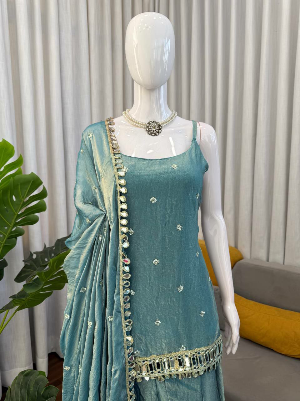 Designer Fendy Silk Mirror Work Kurti Plazo Set with Dupatta