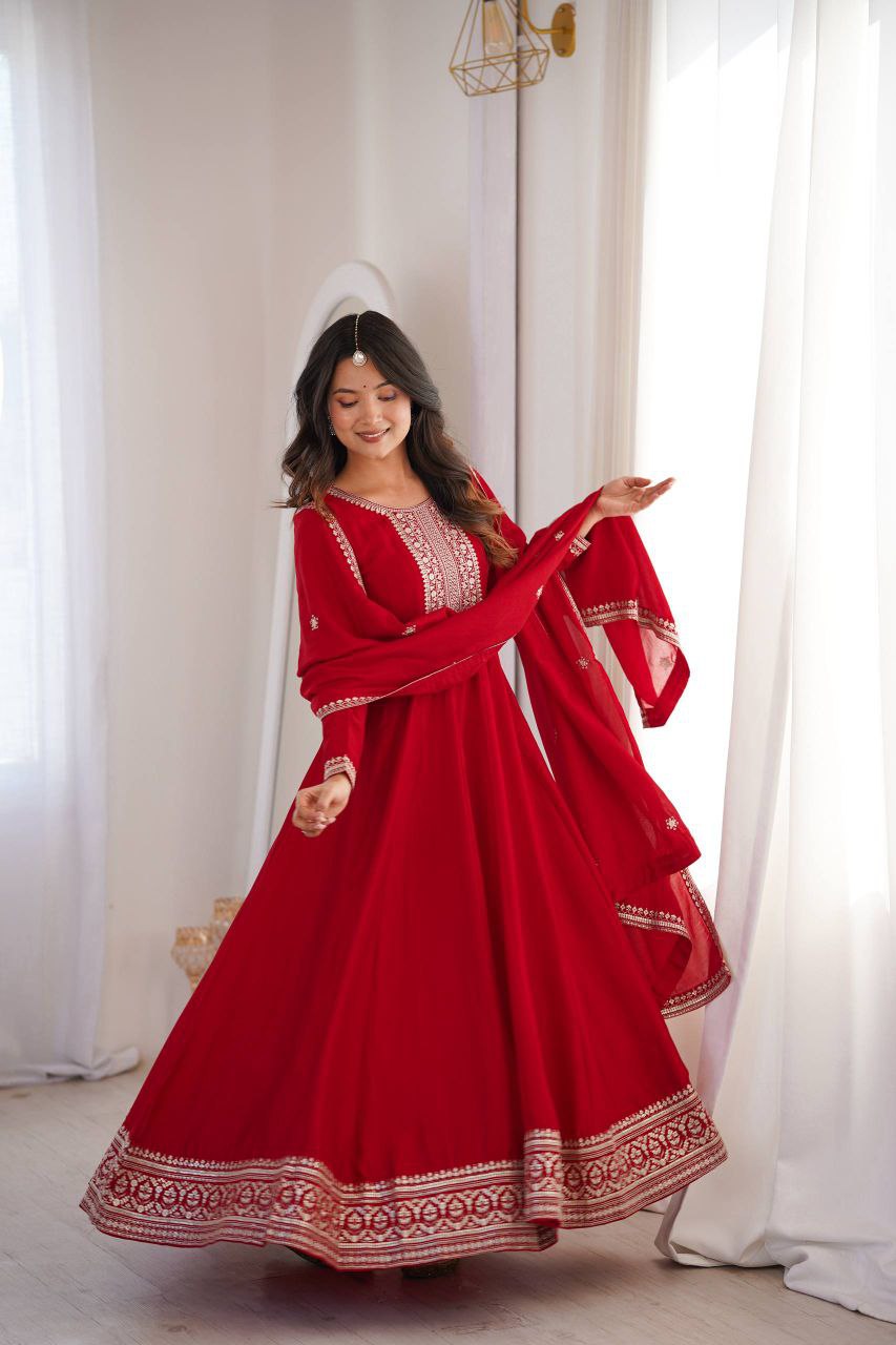 Designer Heavy Pure Vichitra Silk Anarkali Gown Set