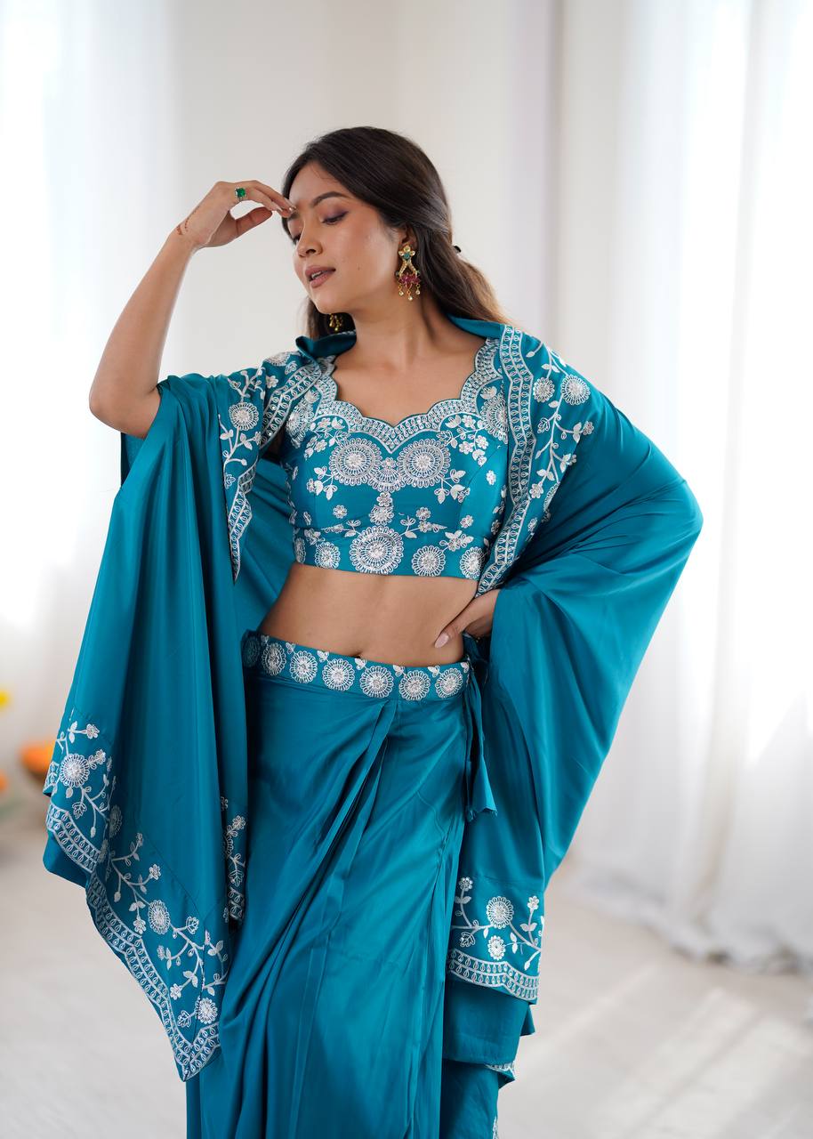 Premium Crepe Silk Dhoti Set with Shrug & Choli