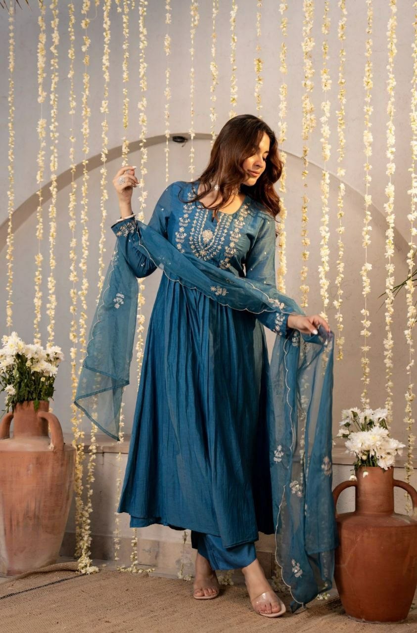 Pure Viscose Chanderi Silk Kurta Set with Embroidered Dupatta